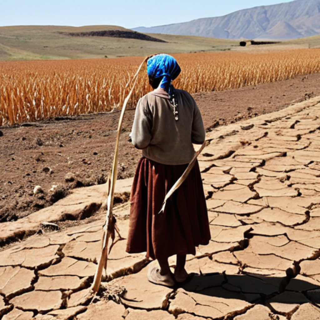 **

A wide, desolate landscape in Lesotho. Cracked, parched earth stretches to the horizon under a scorching sun. A lone, withered corn stalk stands as a testament to failed crops. In the distance, a woman ('Masechaba) wearing traditional clothing stands with her head bowed, her face etched with worry, gazing at her barren field. Focus on conveying the harsh reality of drought and its impact on the farmer's livelihood. Style: Documentary photography, realistic, somber color palette.

**