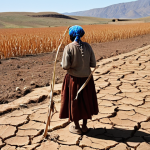 **

A wide, desolate landscape in Lesotho. Cracked, parched earth stretches to the horizon under a scorching sun. A lone, withered corn stalk stands as a testament to failed crops. In the distance, a woman ('Masechaba) wearing traditional clothing stands with her head bowed, her face etched with worry, gazing at her barren field. Focus on conveying the harsh reality of drought and its impact on the farmer's livelihood. Style: Documentary photography, realistic, somber color palette.

**