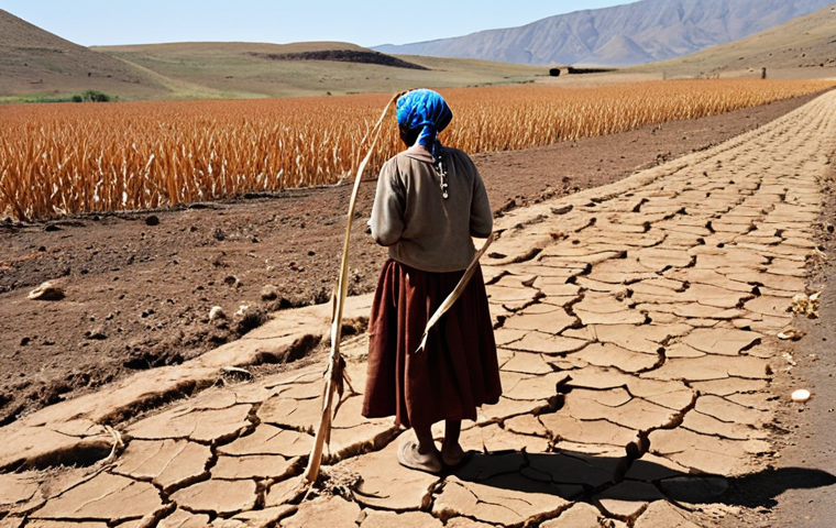 **
A wide, desolate landscape in Lesotho. Cracked, parched earth stretches to the horizon under a scorching sun. A lone, withered corn stalk stands as a testament to failed crops. In the distance, a woman ('Masechaba) wearing traditional clothing stands with her head bowed, her face etched with worry, gazing at her barren field. Focus on conveying the harsh reality of drought and its impact on the farmer's livelihood. Style: Documentary photography, realistic, somber color palette.
**