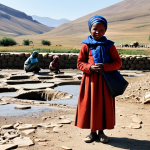 A Basotho woman in modest, culturally appropriate attire, her headscarf neatly tied, stands in a parched, cracked riverbed in the Lesotho highlands. Beside her, a young child in simple, durable clothing holds a small, empty bucket. In the background, a long, patient queue of people with various containers waits at a distant communal tap, set against the backdrop of rolling, dry mountains under a clear sky. The scene is captured with professional photography, realistic detail, and natural lighting. This image is safe for work, appropriate content, fully clothed, perfect anatomy, correct proportions, well-formed hands, proper finger count, natural body proportions, and family-friendly.