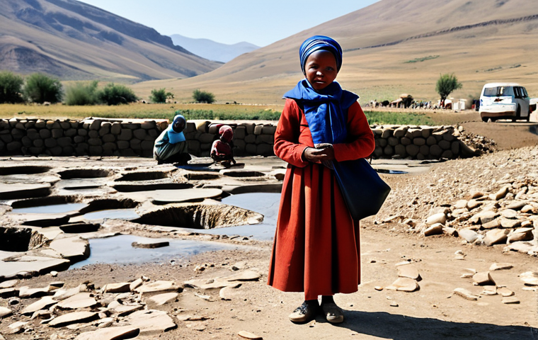A Basotho woman in modest, culturally appropriate attire, her headscarf neatly tied, stands in a parched, cracked riverbed in the Lesotho highlands. Beside her, a young child in simple, durable clothing holds a small, empty bucket. In the background, a long, patient queue of people with various containers waits at a distant communal tap, set against the backdrop of rolling, dry mountains under a clear sky. The scene is captured with professional photography, realistic detail, and natural lighting. This image is safe for work, appropriate content, fully clothed, perfect anatomy, correct proportions, well-formed hands, proper finger count, natural body proportions, and family-friendly.
