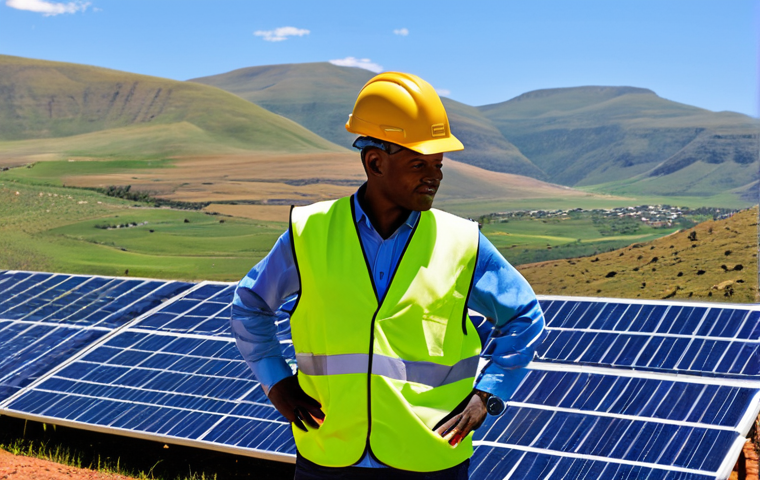 Renewable Energy Leadership**

"A professional engineer, fully clothed in a high-visibility vest and hard hat, inspecting a large solar panel array in Lesotho. Rolling hills in the background. Focus on sustainable energy and technological advancement. Safe for work, appropriate content, perfect anatomy, correct proportions, professional, high quality."

**