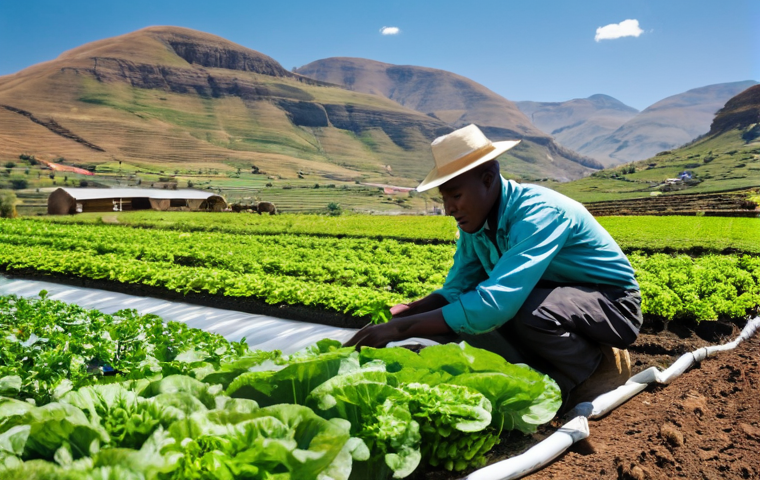 레소토의 비즈니스 스타트업 환경 - **"High-Altitude Hydroponics in the Maloti Mountains"**: A vibrant, wide-angle shot featuring a youn...