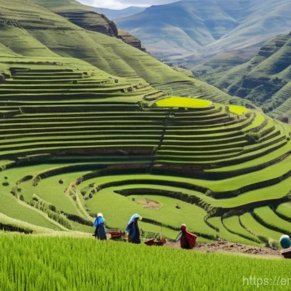 레소토에서의 기후 적응 팁 - A wide shot of the mountainous, verdant landscape of Lesotho. In the foreground, Basotho farmers, me...