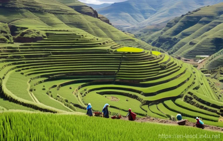 레소토에서의 기후 적응 팁 - A wide shot of the mountainous, verdant landscape of Lesotho. In the foreground, Basotho farmers, me...