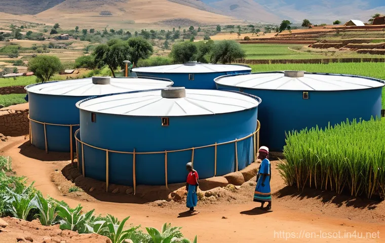 레소토에서의 기후 적응 팁 - A wide shot of the mountainous, verdant landscape of Lesotho. In the foreground, Basotho farmers, me...