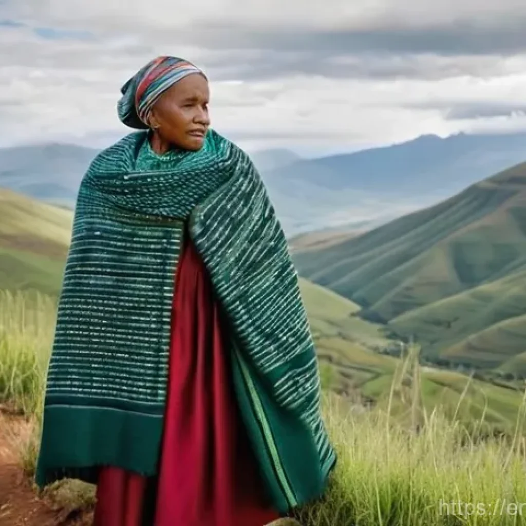 레소토에서의 쇼핑 및 기념품 추천 - **Prompt for Basotho Blanket Heritage:**
    "A dignified Basotho woman in her 40s stands proudly am...