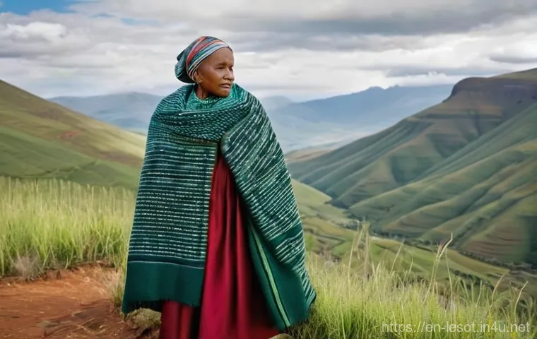 레소토에서의 쇼핑 및 기념품 추천 - **Prompt for Basotho Blanket Heritage:**
    "A dignified Basotho woman in her 40s stands proudly am...