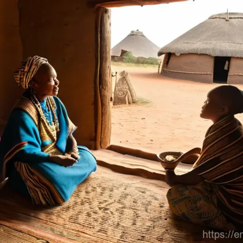 레소토의 전통 신앙과 미신 - The Ancestral Meal**

**Prompt:** A heartwarming scene inside a traditional Basotho rondavel, with s...