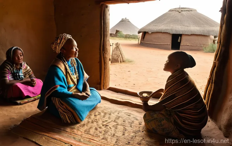 레소토의 전통 신앙과 미신 - The Ancestral Meal**

**Prompt:** A heartwarming scene inside a traditional Basotho rondavel, with s...