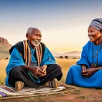 레소토의 유명 작가 및 작품 - **Prompt:** A serene and evocative scene depicting an elderly Basotho storyteller, with kind eyes an...