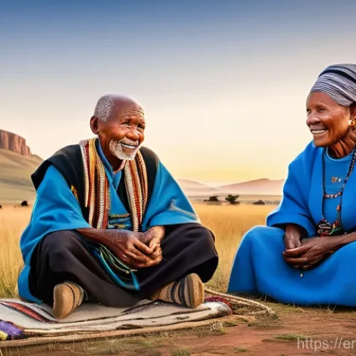 레소토의 유명 작가 및 작품 - **Prompt:** A serene and evocative scene depicting an elderly Basotho storyteller, with kind eyes an...