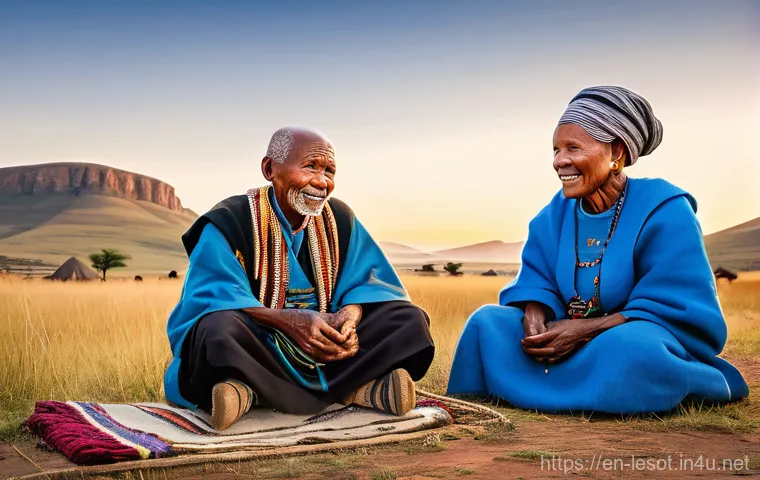 레소토의 유명 작가 및 작품 - **Prompt:** A serene and evocative scene depicting an elderly Basotho storyteller, with kind eyes an...