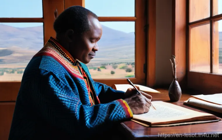 레소토의 유명 작가 및 작품 - **Prompt:** A serene and evocative scene depicting an elderly Basotho storyteller, with kind eyes an...
