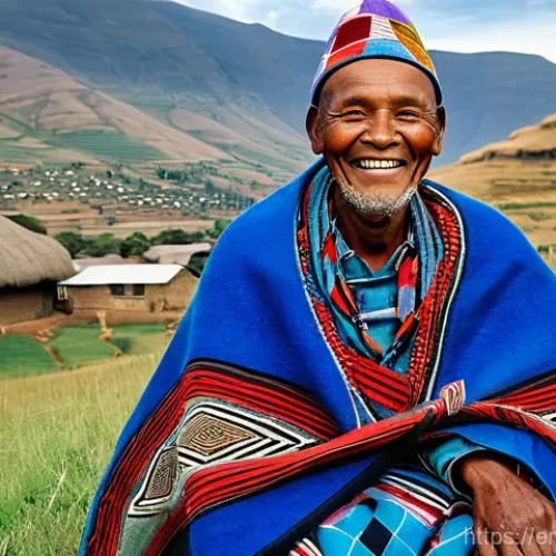 레소토에서 예술과 문학 - A dignified Basotho elder, male, with a wise, smiling face, wearing a vibrantly patterned Basotho bl...