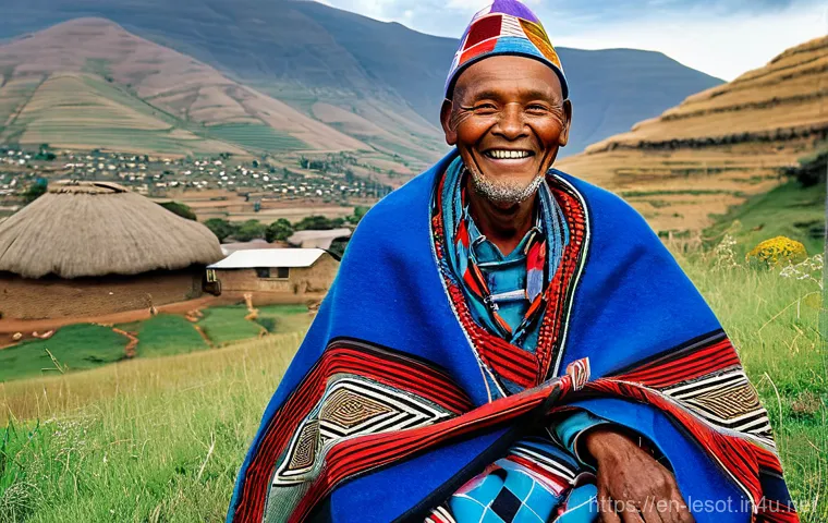 레소토에서 예술과 문학 - A dignified Basotho elder, male, with a wise, smiling face, wearing a vibrantly patterned Basotho bl...