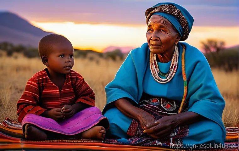 레소토에서 예술과 문학 - A dignified Basotho elder, male, with a wise, smiling face, wearing a vibrantly patterned Basotho bl...