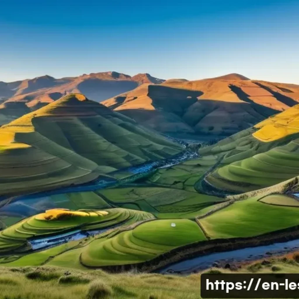 레소토 독립 과정 - A detailed panoramic view of Lesotho’s rugged mountainous terrain during sunrise, showing traditiona...