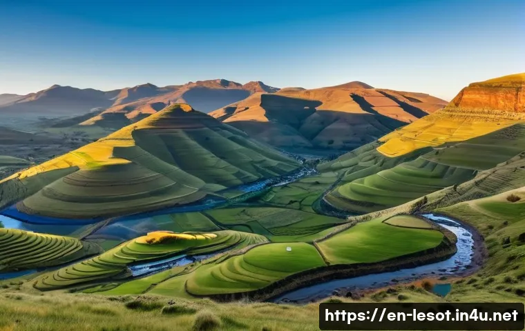 레소토 독립 과정 - A detailed panoramic view of Lesotho’s rugged mountainous terrain during sunrise, showing traditiona...