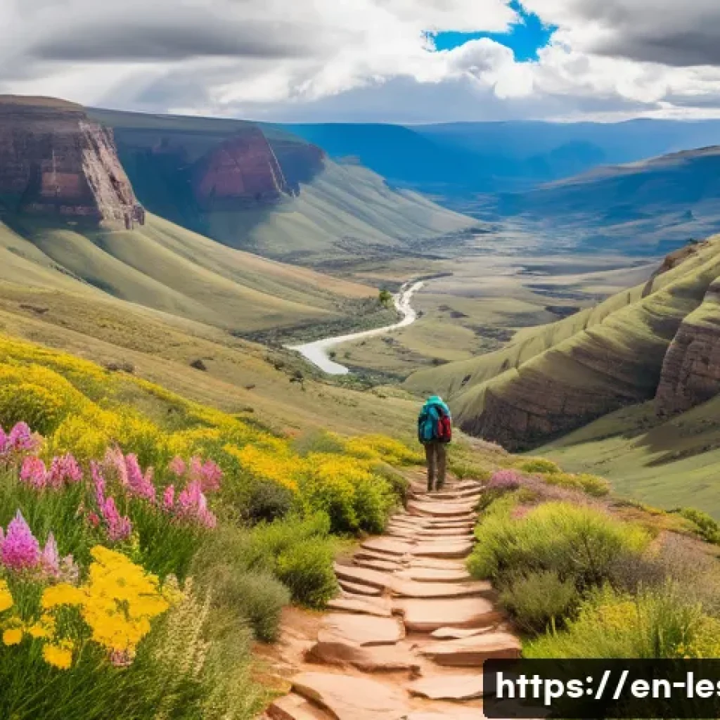 레소토에서 캠핑 및 하이킹 가이드 - A serene highland hiking trail in Lesotho winding through remote valleys and rugged sandstone cliffs...