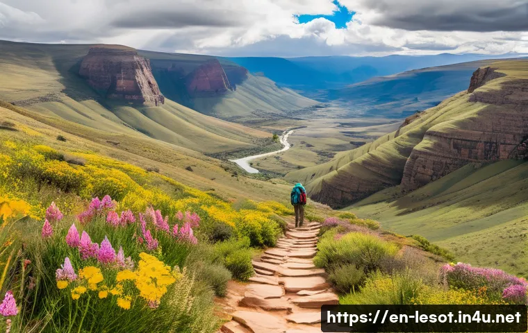 레소토에서 캠핑 및 하이킹 가이드 - A serene highland hiking trail in Lesotho winding through remote valleys and rugged sandstone cliffs...
