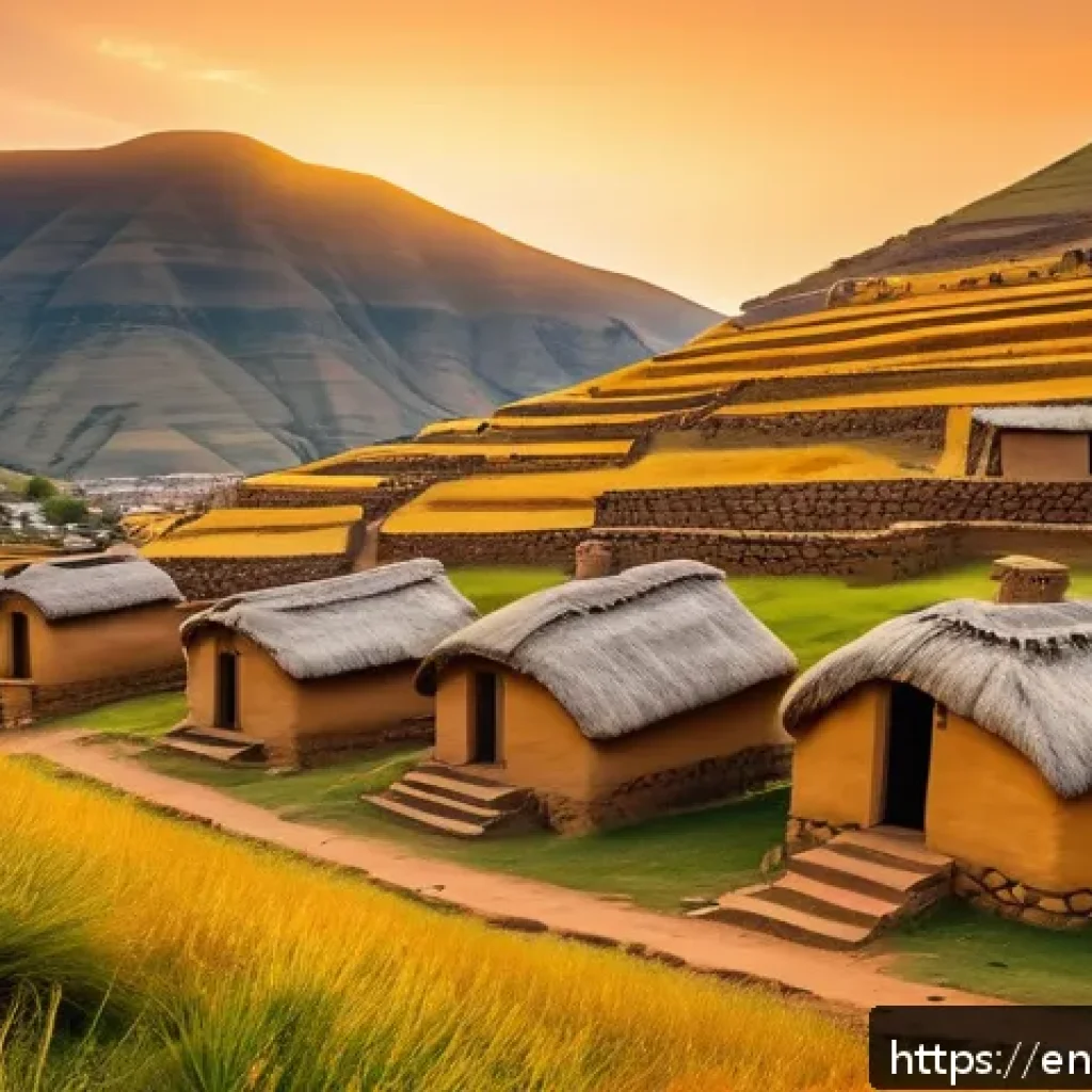 레소토에서의 독특한 건축 양식 - A traditional Basotho mountain village scene at sunset, featuring rounded stone and mud brick homes ...