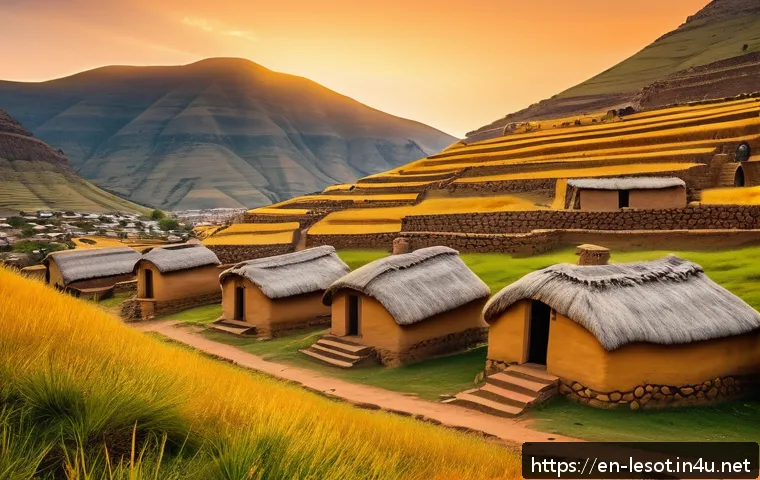 레소토에서의 독특한 건축 양식 - A traditional Basotho mountain village scene at sunset, featuring rounded stone and mud brick homes ...