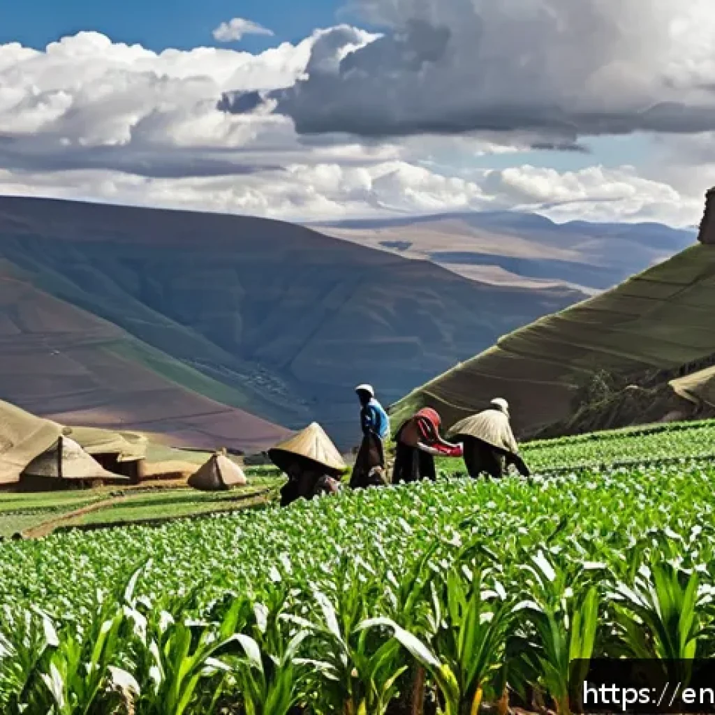 레소토의 경제 구조 - A high-altitude Lesotho mountain village scene showing small-scale subsistence farmers tending to ma...