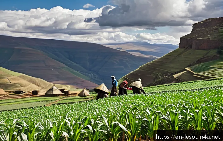 레소토의 경제 구조 - A high-altitude Lesotho mountain village scene showing small-scale subsistence farmers tending to ma...