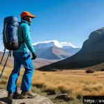 레소토 여행 시 필수 준비물 - A hiker standing on a rocky mountain trail in Lesotho wearing layered outdoor clothing: a lightweigh...
