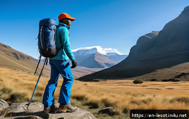 레소토 여행 시 필수 준비물 - A hiker standing on a rocky mountain trail in Lesotho wearing layered outdoor clothing: a lightweigh...