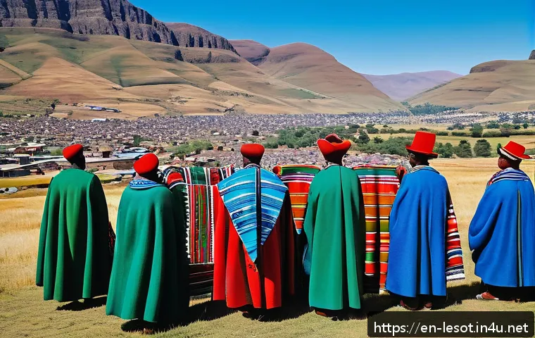 레소토 정치 구조와 정당 - A detailed, vibrant scene depicting the constitutional monarchy of Lesotho: the King dressed in trad...