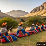 레소토에서의 음악 축제 및 콘서트 - A vibrant outdoor Basotho music festival set against towering mountain peaks during sunset, featurin...