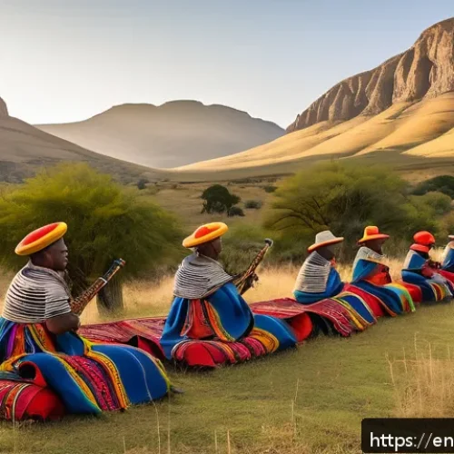 레소토에서의 음악 축제 및 콘서트 - A vibrant outdoor Basotho music festival set against towering mountain peaks during sunset, featurin...