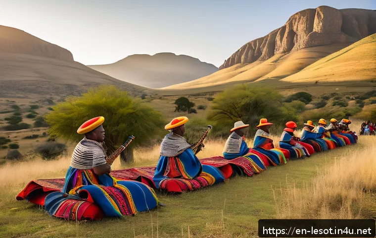 레소토에서의 음악 축제 및 콘서트 - A vibrant outdoor Basotho music festival set against towering mountain peaks during sunset, featurin...