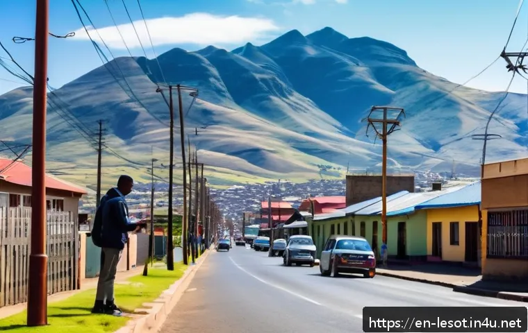 레소토에서 인터넷 속도 및 통신사 비교 - A vibrant urban street scene in Maseru, Lesotho, showcasing people using smartphones outdoors with c...