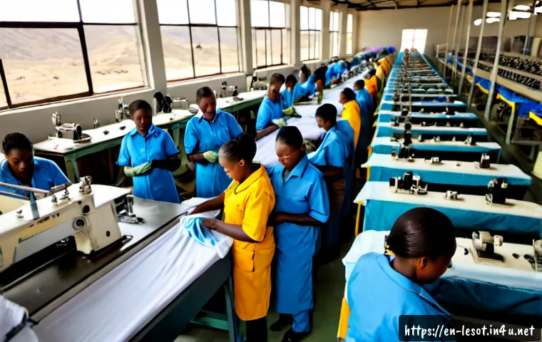 레소토의 주요 기업 및 경제 활동 - Photorealistic wide-angle view of Lesotho’s textile manufacturing economy, an orderly garment factor...