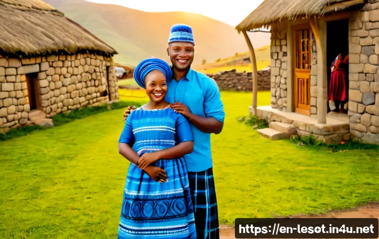 레소토 전통 결혼식 - Photorealistic traditional Lesotho wedding portrait, joyful Basotho bride in an elegant blue seshoes...