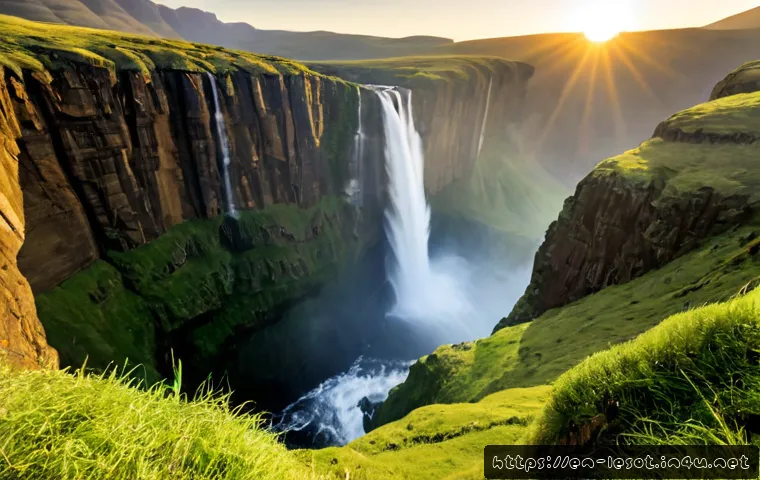 레소토의 유명 사진 촬영지 - Photorealistic sunrise landscape of Maletsunyane Falls, Lesotho, viewed from a rugged grassy cliff e...