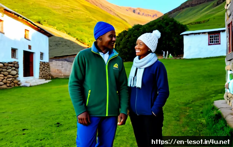 Home 17 레소토의 기후에 맞는 옷차림 - Photorealistic travel lifestyle scene in Lesotho’s highland countryside, a diverse adult couple dres...
